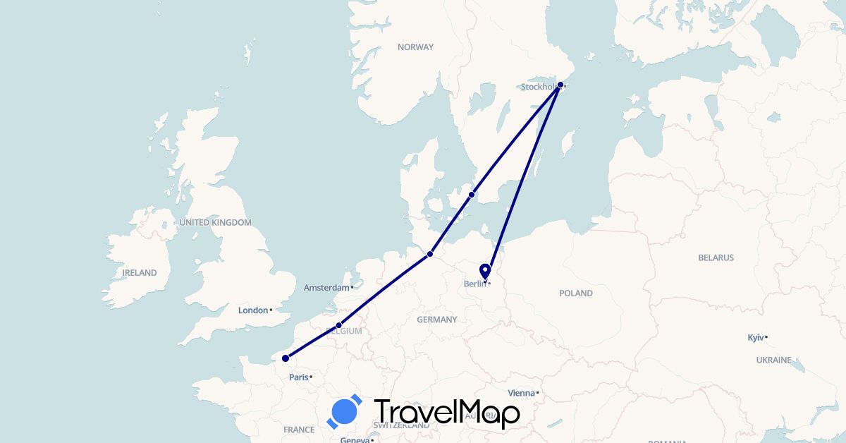 TravelMap itinerary: driving in Belgium, Germany, Denmark, France, Sweden (Europe)